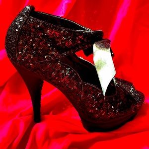 Sequin tie heels.